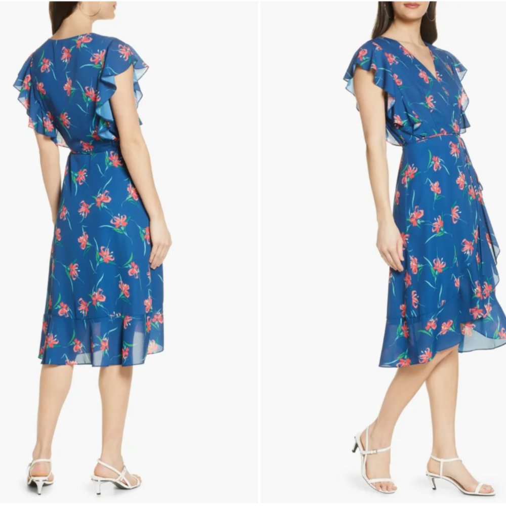 CHARLES HENRY Floral Ruffle Sleeve Faux Wrap Dress - never worn